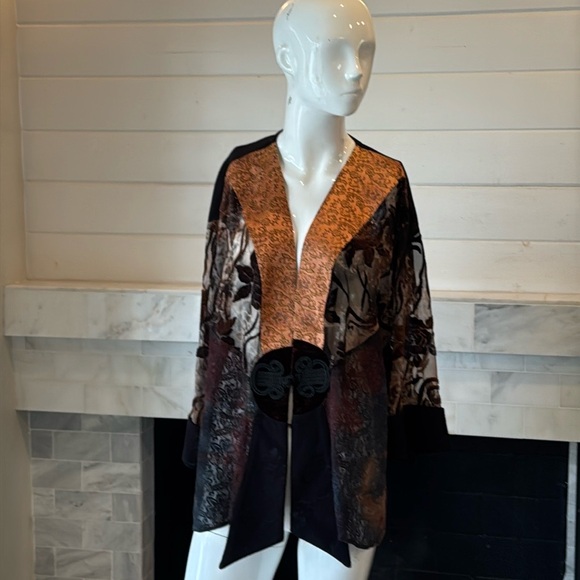 Vintage Spencer Alexis Asian Inspired Black Multi Velvet Burnout Kimono Size XL - Picture 9 of 9